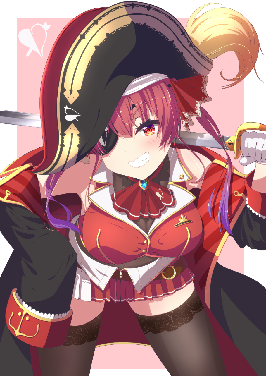 1girl, belt, bent_over, black_thighhighs, blush, breasts, coat, commentary_request, eyepatch, female_focus, fukurou_(hukurou), gloves, grin, hat, head_tilt, heart, highres, holding, holding_sword, holding_weapon, hololive, houshou_marine, large_breasts, long_sleeves, looking_at_viewer, open_clothes, open_coat, pink_background, pirate_hat, pleated_skirt, red_eyes, red_hair, shirt, skirt, sleeveless, sleeveless_shirt, sleeves_past_fingers, sleeves_past_wrists, smile, solo, sword, thighhighs, v-shaped_eyebrows, virtual_youtuber, weapon, white_gloves