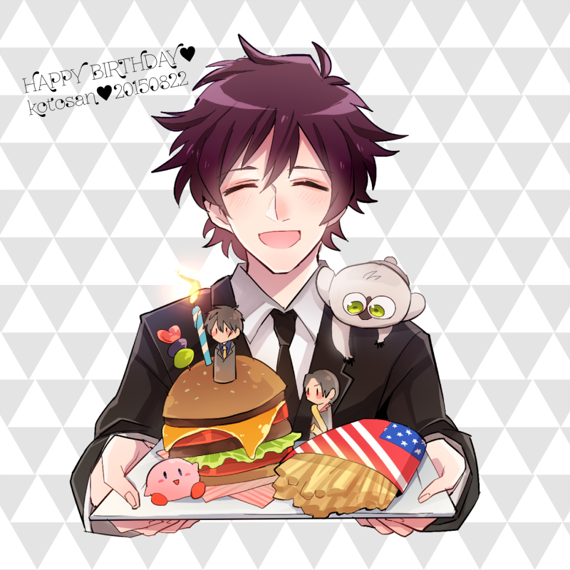 1boy, american_flag, blush, burger, candle, chain_sumeragi, character_doll, closed_eyes