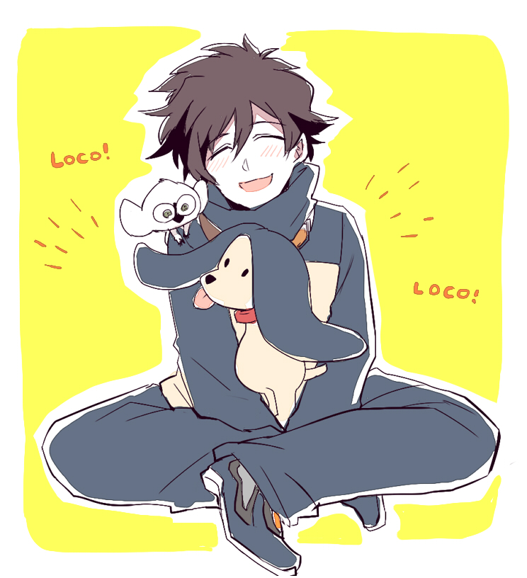 1boy, baby_animal, blush, brown_hair, closed_eyes, dog, high_collar, indian_style