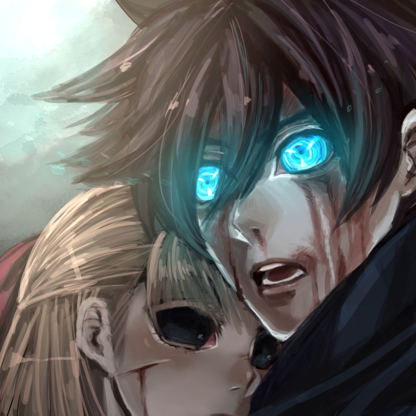1boy, 1girl, black_sclera, blood, blood_on_face, bloody_tears, brother_and_sister, brown_hair