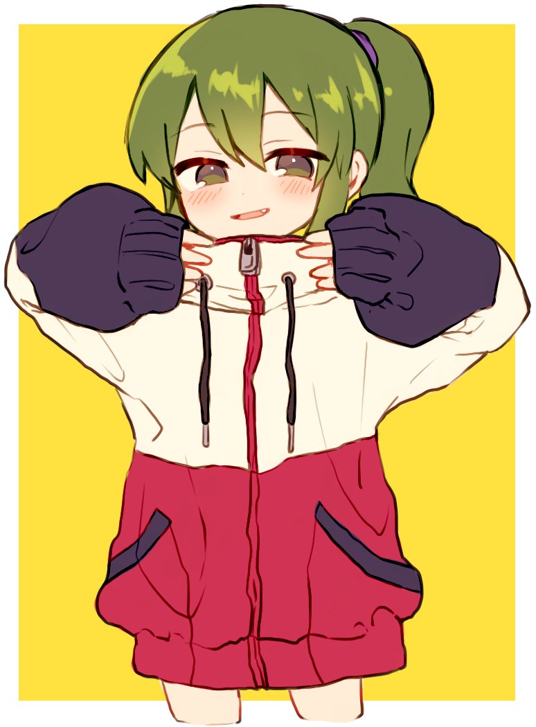 1girl, cropped_legs, fang, female_focus, green_eyes, green_hair, high_ponytail, igarashi_futaba