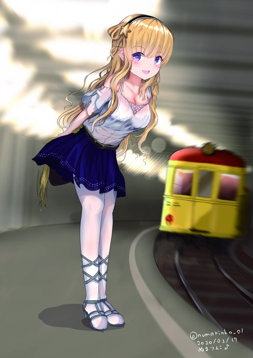 1girl, absurdres, alternate_costume, blonde_hair, blouse, blue_eyes, blue_skirt, blush, breasts, dated, double_bun, female_focus, fletcher_(kancolle), fletcher_(mitsukoshi)_(kancolle), full_body, hair_between_eyes, hair_bun, hair_ornament, hairband, highres, kantai_collection, large_breasts, long_hair, looking_at_viewer, medium_skirt, numarinko, off_shoulder, open_mouth, pantyhose, shirt, skirt, solo, star_(symbol), star_hair_ornament, subway, train, twitter_username, white_pantyhose, white_shirt