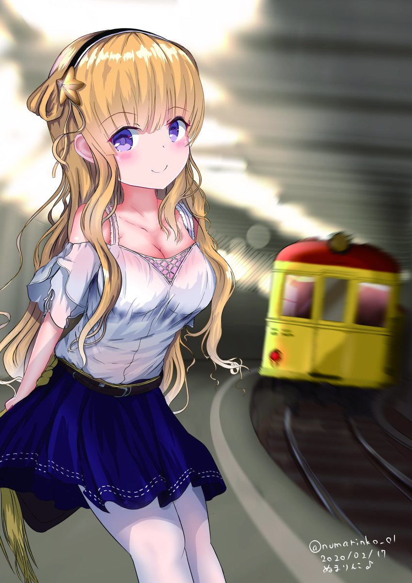 1girl, absurdres, alternate_costume, blonde_hair, blouse, blue_eyes, blue_skirt, blush