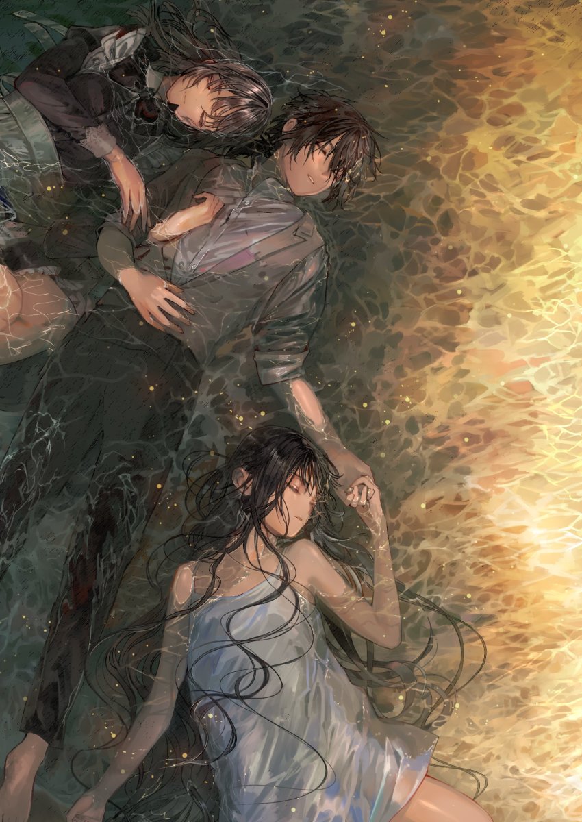 1boy, 2girls, apron, arm_hug, barefoot, black_hair, dress, dress_shirt