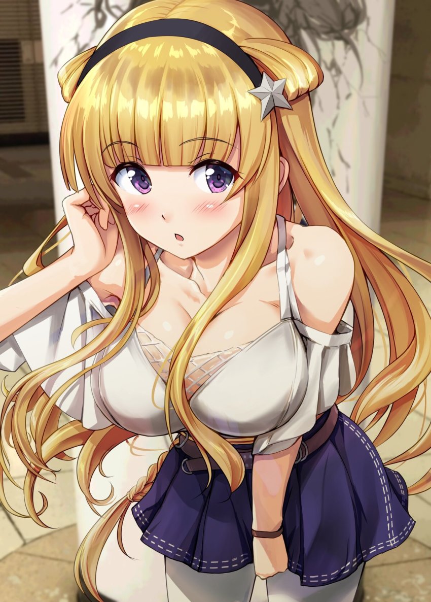 1girl, alternate_costume, belt, black_hairband, blonde_hair, blouse, blue_skirt, blush