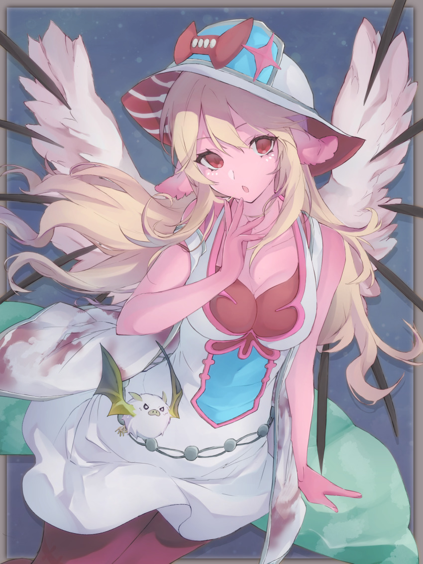 1girl, :o, animal_ears, bare_shoulders, bat_(animal), bat_ears, bat_wings, blonde_hair