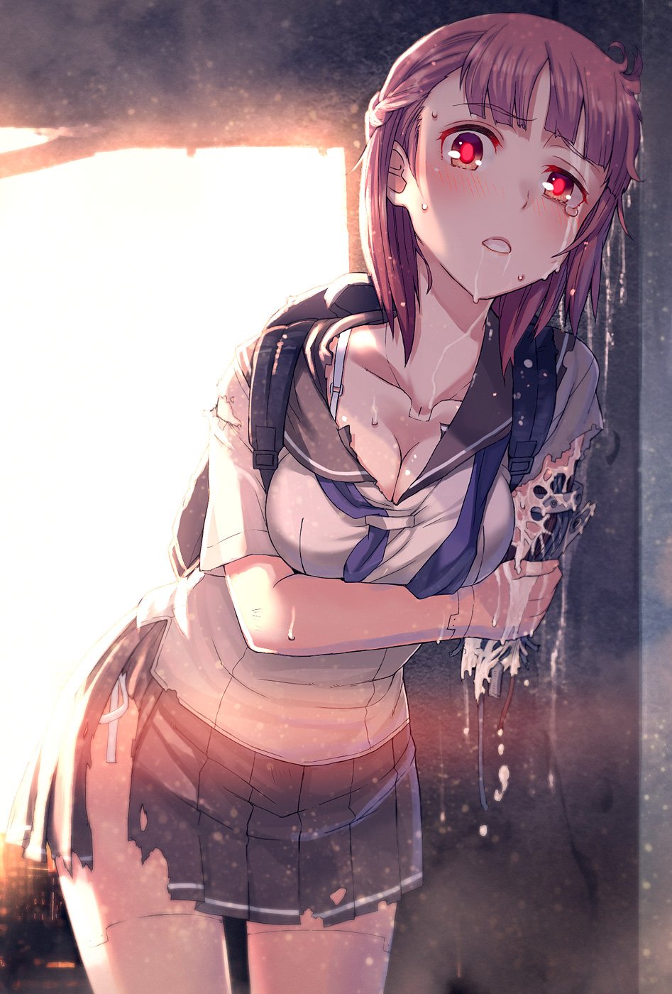 1girl, against_wall, android, android_girl_aki, android_girl_kotomi, arm_under_breasts, backlighting, backpack