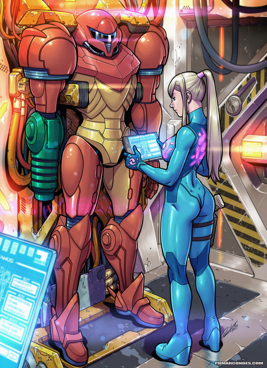 1girl, absurdres, armor, ass, blonde_hair, blue_bodysuit, blue_eyes, blue_hair, bodysuit, breasts, cable, commentary, dimples_of_venus, english_commentary, female_focus, full_body, high_ponytail, highres, holographic_touchscreen, holster, long_hair, mechanical, medium_breasts, metroid, nintendo, nose, ponytail, power_armor, power_suit_(metroid), samus_aran, skin_tight, solo, tekuho_no_habo, thigh_holster, toned, varia_suit, zero_suit