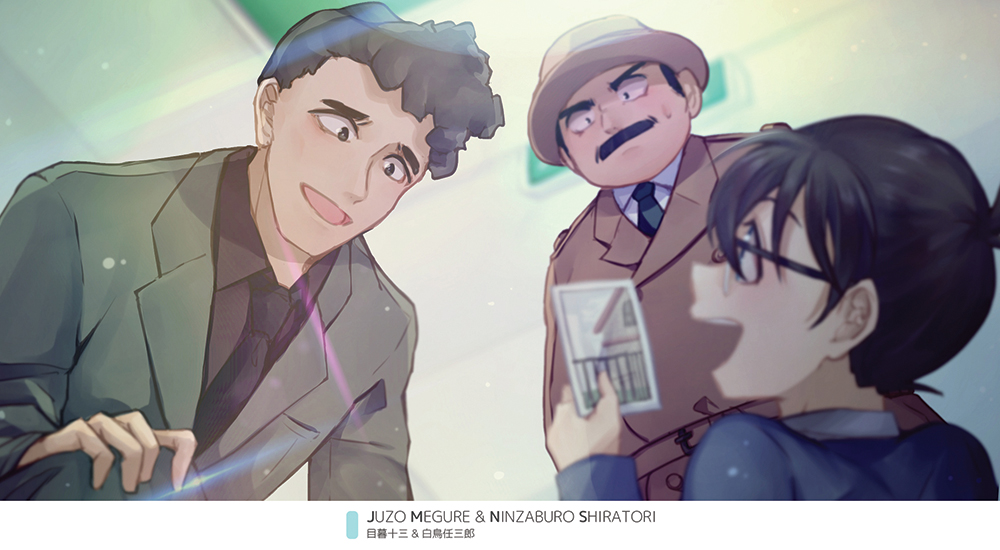 3boys, :d, black_hair, black_neckwear, black_shirt, blue_jacket, blurry, blurry_background