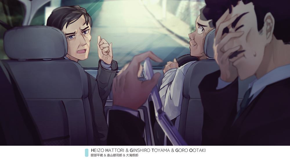 3boys, black_background, black_hair, black_jacket, black_neckwear, blurry_foreground, brown_hair, brown_jacket