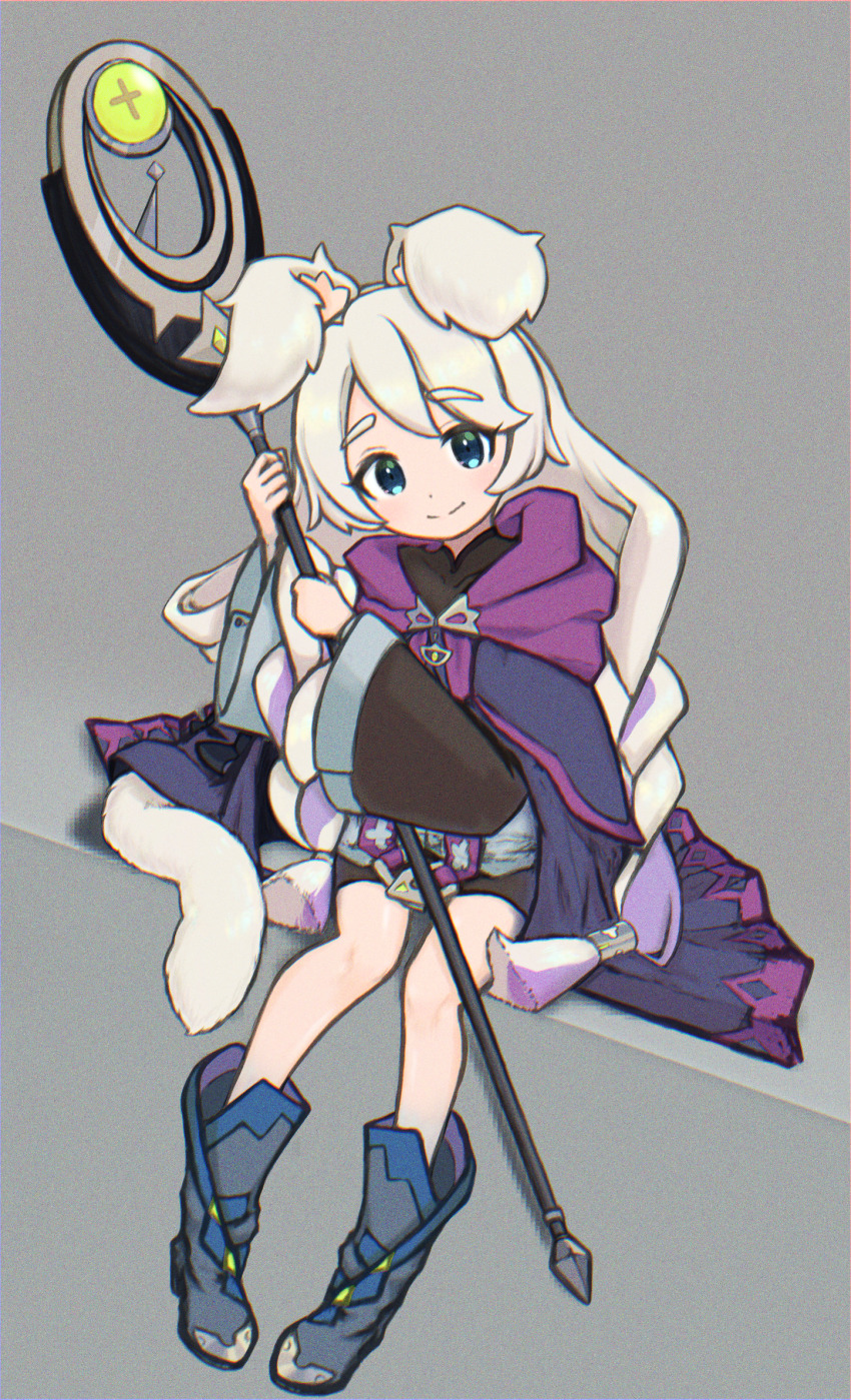 1girl, animal_ear_fluff, animal_ears, blonde_hair, blue_eyes, boots, braid, cape