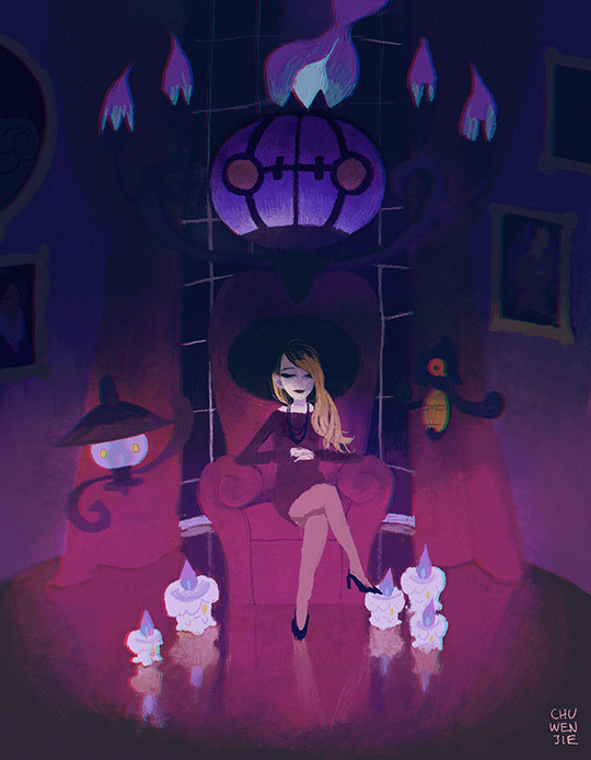 1girl, armchair, artist_self-insert, chair, chandelure, chuwenjie, commentary, curtains