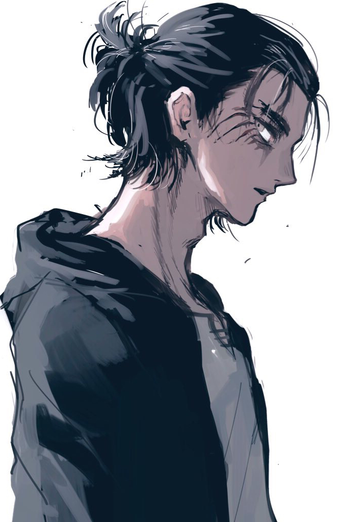 1boy, black_hair, brown_hair, eren_yeager, facial_mark, hood, hoodie, long_hair
