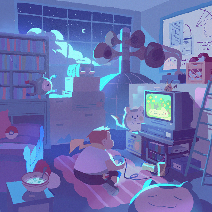 1boy, armchair, book, bookshelf, bowl, box, chair, character_doll