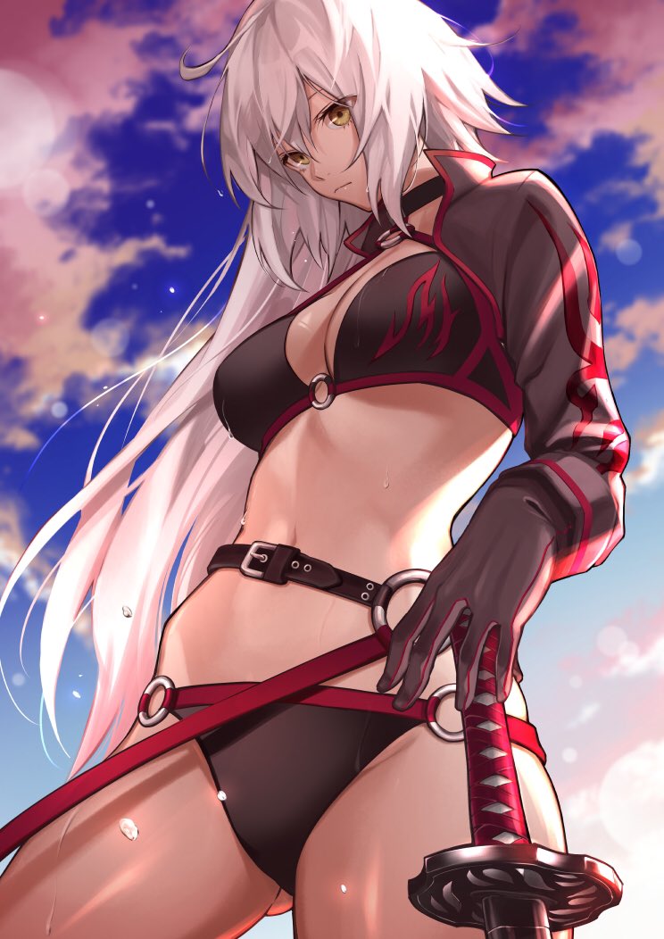 1girl, bikini, black_bikini, black_choker, black_gloves, black_jacket, blue_sky, choker