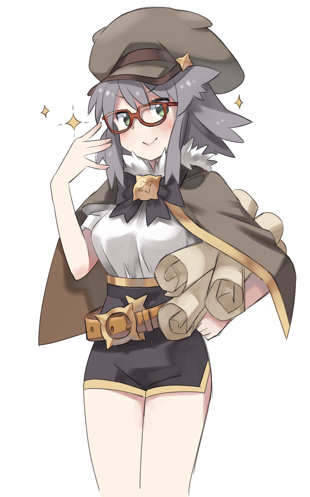 1girl, blush, female_focus, glasses, green_eyes, grey_hair, hair_between_eyes, hat