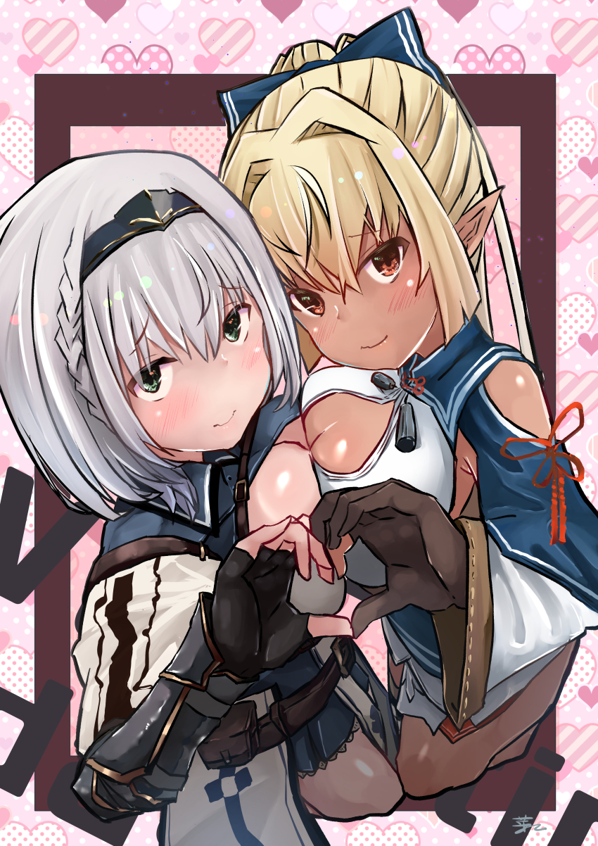 2girls, absurdres, bare_shoulders, black_gloves, blonde_hair, blush, braid, breast_press