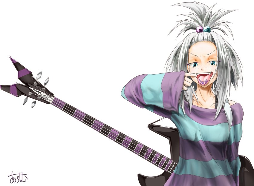 1girl, asm_(iambros), bass_guitar, blue_eyes, dress, english_text, female_focus, forehead