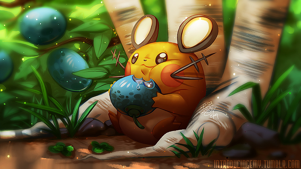 berry_(pokemon), black_eyes, commentary, creature, day, dedenne, eating, english_commentary, food, fruit, full_body, gen_6_pokemon, holding, holding_food, holding_fruit, introducingemy, nintendo, no_humans, oran_berry, pokemon, pokemon_(creature), signature, sitting, solo, watermark, web_address