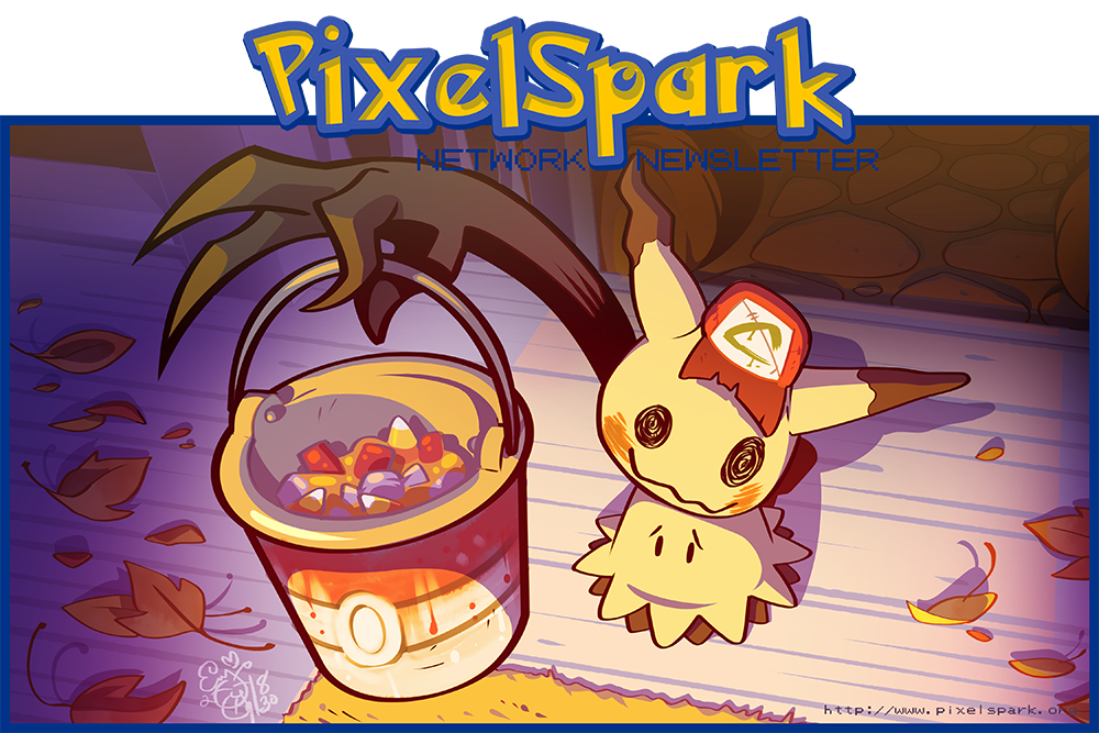 blue_border, border, bucket, clothed_pokemon, commentary, creature, english_commentary, full_body, gen_7_pokemon, halloween, hat, holding, holding_bucket, introducingemy, mimikyu, nintendo, pokemon, pokemon_(creature), pokemon_focus, shadow, signature, solo, standing, watermark, web_address