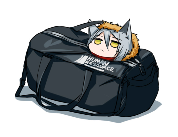 1girl, animal_ears, arknights, bag, duffel_bag, expressionless, female_focus, fur_trim
