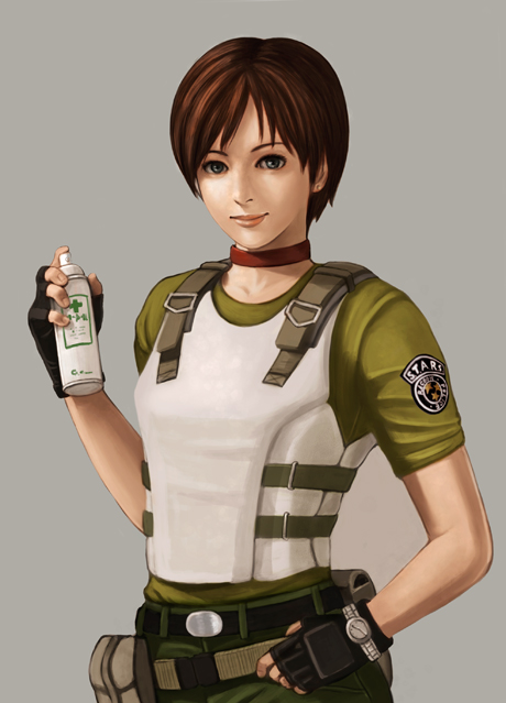 1girl, blue_eyes, brown_hair, bulletproof_vest, choker, female_focus, fingerless_gloves, first_aid, gloves, light_smile, looking_at_viewer, matrosso, police, police_uniform, rebecca_chambers, resident_evil, resident_evil_0, shirt, short_hair, solo, spray_can, t-shirt, watch, wristwatch