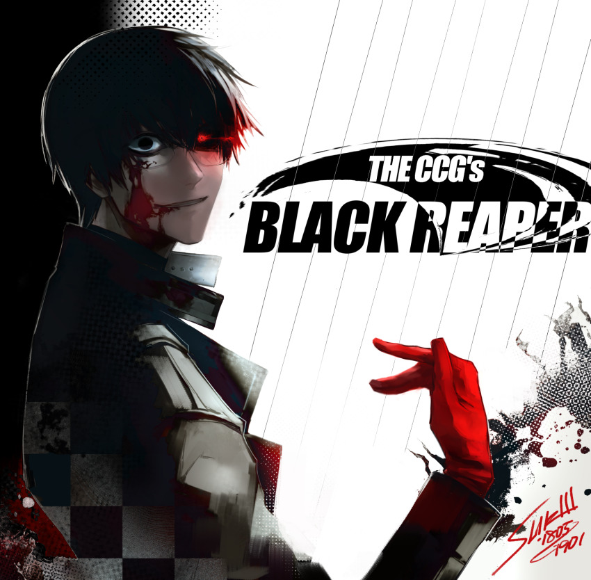 black_background, black_coat, black_eyes, black_hair, black_jacket, black_reaper, black_sclera, blood