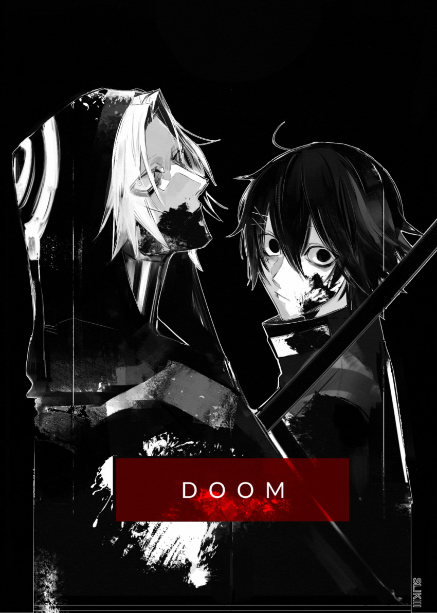 2boys, androgynous, black_background, black_eyes, black_hair, blood, blood_on_clothes, blood_on_face, blood_splatter, cloak, coat, ghoul, hair_ornament, hairclip, highres, holding, holding_weapon, hood, jacket, looking_at_viewer, male_focus, monochrome, multiple_boys, roman_numeral, scythe, short_hair, simple_background, sliklll, spoilers, stitched_face, stitches, suzuya_juuzou, takizawa_seidou, tokyo_ghoul, tokyo_ghoul:re, turtleneck, weapon, white_hair, x_hair_ornament
