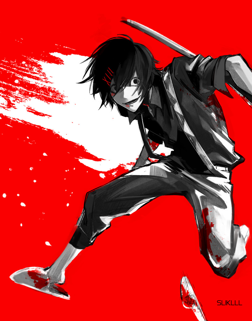 1boy, androgynous, black_eyes, black_hair, black_shirt, blood, blood_splatter, blood_stain