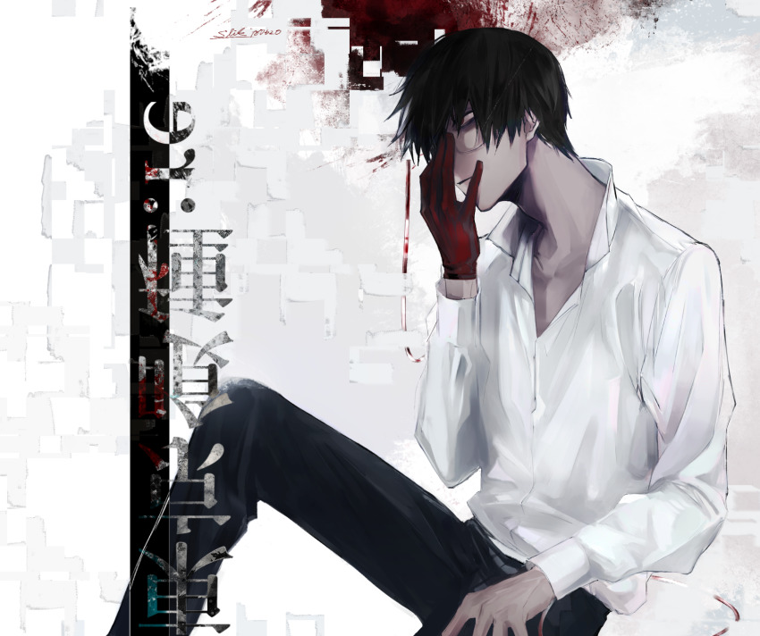 1boy, adjusting_eyewear, black_hair, black_reaper, blood, copyright_name, glasses, gloves, heterochromia, highres, kaneki_ken, looking_at_viewer, male_focus, open_clothes, open_shirt, red_eyes, red_gloves, sasaki_haise, shirt, short_hair, sitting, sliklll, solo, tokyo_ghoul, tokyo_ghoul:re