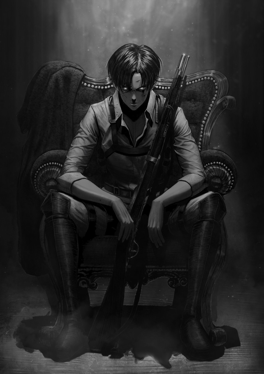 1boy, absurdres, belt, black_eyes, black_hair, boots, cape, chair, collared_shirt, greyscale, gun, highres, inking, jacket, levi_(shingeki_no_kyojin), male_focus, manip, monochrome, paradis_military_uniform, rifle, serious, shingeki_no_kyojin, shirt, short_hair, shotgun, sitting, sleeves_rolled_up, solo, thigh_strap, undercut, unworn_cape, unworn_jacket, weapon