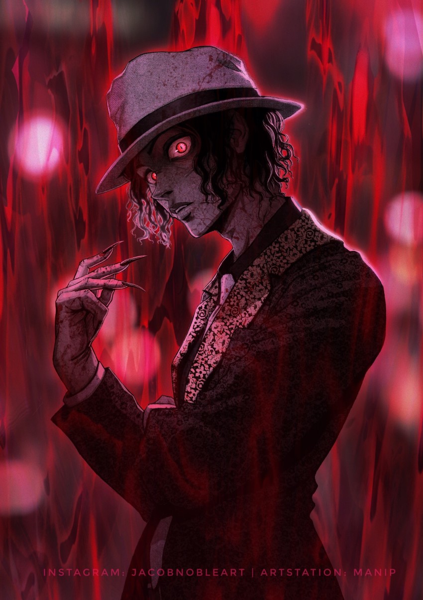 1boy, absurdres, aura, black_hair, demon, fingernails, formal_clothes, hat