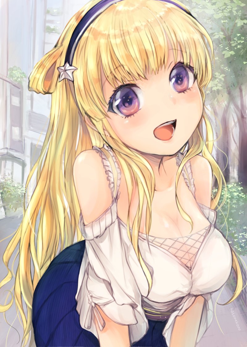 1girl, alternate_costume, black_hairband, blonde_hair, blouse, blue_skirt, breasts, building