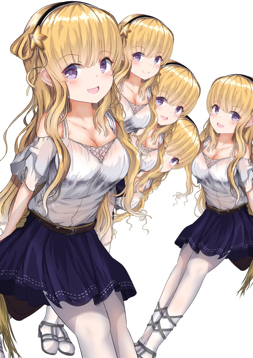 4girls, absurdres, alternate_costume, arm_behind_back, blonde_hair, blouse, blue_eyes, blue_skirt