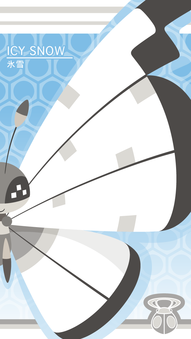 badge, black_eyes, blue_background, bug, bug_badge, butterfly, creature, english_text, gen_6_pokemon, badge_(pokemon), honeycomb_(pattern), honeycomb_background, insect, looking_at_viewer, namima_usagi, nintendo, no_humans, pokemon, pokemon_(creature), smile, solo, vivillon, vivillon_(icy_snow), vivillon_icy_snow_pattern
