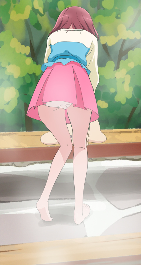 1girl, barefoot, from_behind, hanadera_nodoka, haruyama_kazunori, healin'_good_precure, latte_(precure), legs, long_sleeves, panties, pink_skirt, precure, red_hair, short_hair, skirt, standing, underwear, white_panties