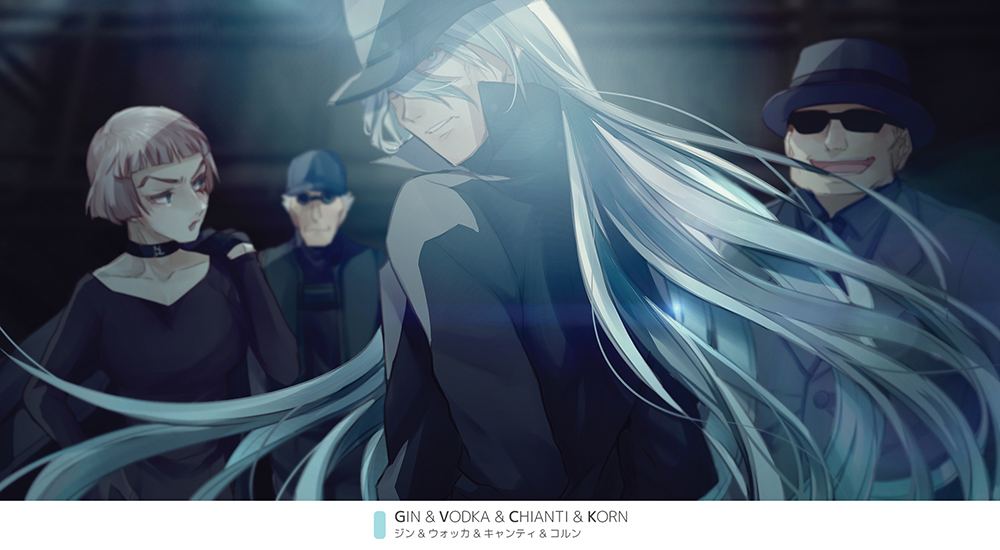 1girl, 3boys, :d, black_gloves, black_headwear, black_jacket, black_neckwear, black_shirt