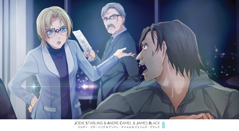 1girl, 2boys, andre_camel, black-framed_eyewear, black_sweater, blonde_hair, blue_eyes, blurry