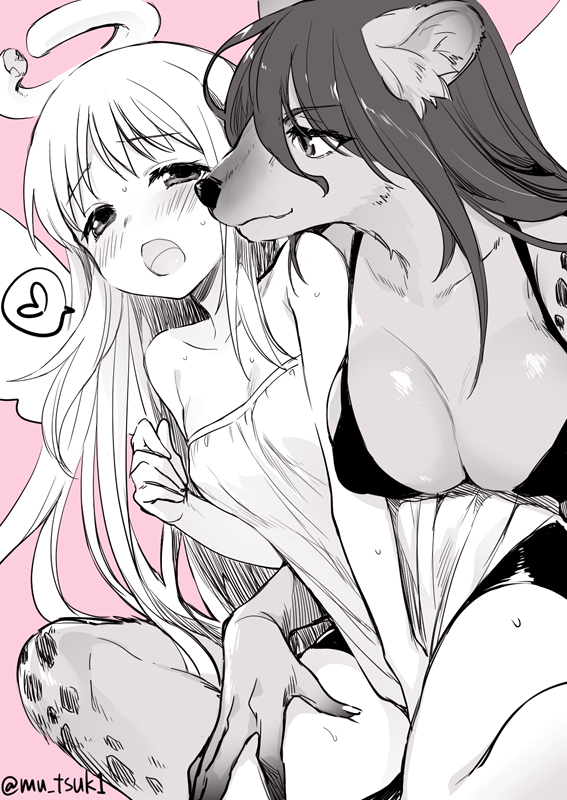 2girls, animal_ear_fluff, animal_ears, bare_shoulders, bike_shorts, bikini, black_bikini, blush, breasts, broken_halo, cleavage, closed_mouth, collarbone, crimvael, dress, elza_(ishuzoku_reviewers), furry, furry_female, greyscale, greyscale_with_colored_background, halo, heart, hyena_ears, hyena_girl, ishuzoku_reviewers, large_breasts, long_hair, looking_at_another, monochrome, multiple_girls, muutsuki, open_mouth, pink_background, simple_background, spoken_heart, spotted_fur, swimsuit, twitter_username, white_dress