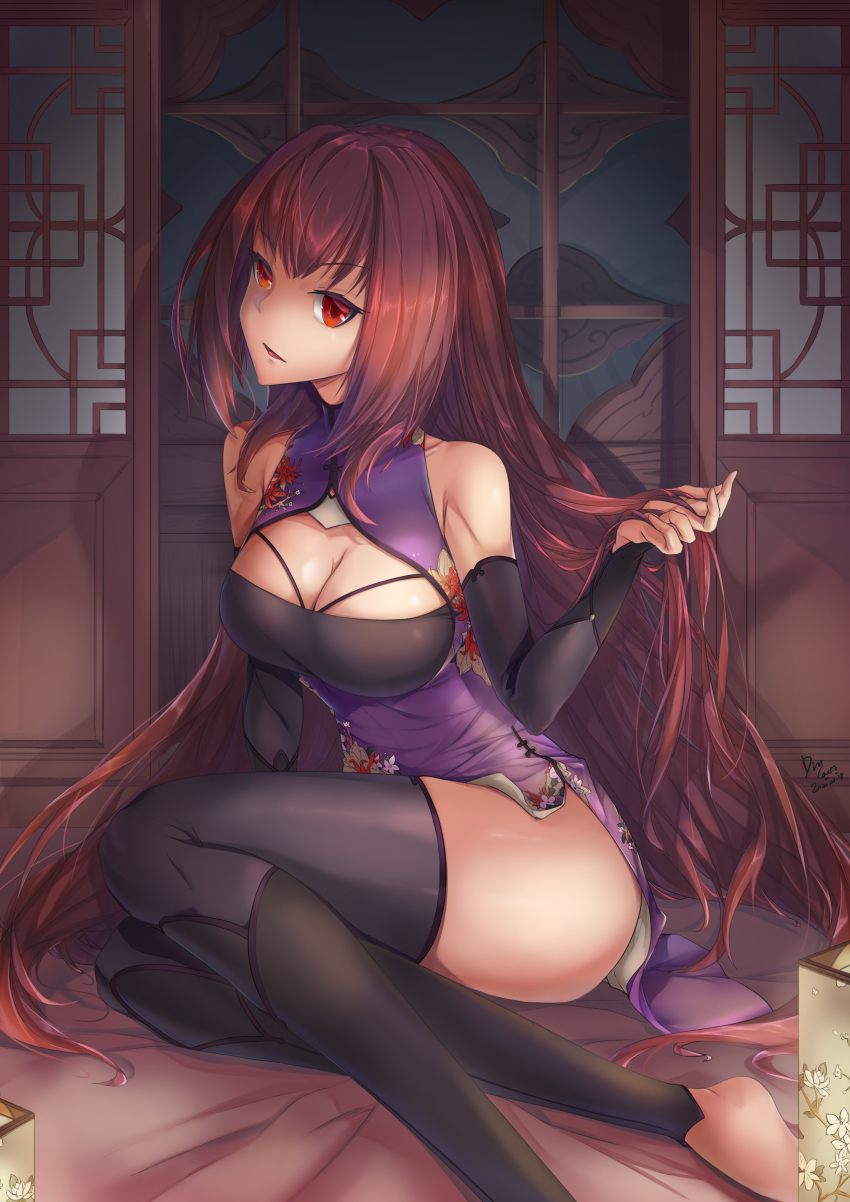 1girl, absurdres, alternate_costume, black_thighhighs, china_dress, chinese_clothes, detached_sleeves, dress, fate/grand_order, fate_(series), female_focus, graphite_(medium), hair_intakes, highres, long_hair, purple_dress, purple_hair, red_eyes, s86579450, scathach_(fate), sitting, sleeveless, sleeveless_dress, solo, thighhighs, traditional_media