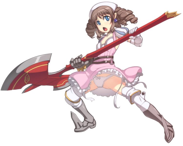 00s, 1girl, armor, armored_dress, axe, blue_eyes, bow, bow_panties