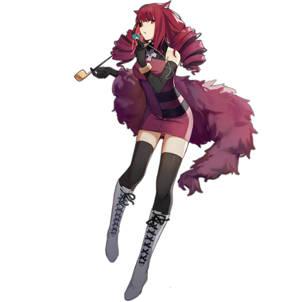 1girl, animal_ears, artificial_eye, black_gloves, black_thighhighs, blush, boots, breasts, cat_ears, choker, dress, drill_hair, female_focus, full_body, funengliang_jieheti, girls'_frontline, gloves, holding, holding_smoking_pipe, knee_boots, lace-up_boots, large_breasts, logo, long_hair, looking_at_viewer, mechanical_eyes, official_art, open_mouth, purple_dress, purple_eyes, red_eyes, red_hair, sei_asagiri, single_mechanical_eye, sleeveless, sleeveless_dress, smoking_pipe, solo, stella_hoshii, thighhighs, transparent_background, turtleneck, va-11_hall-a