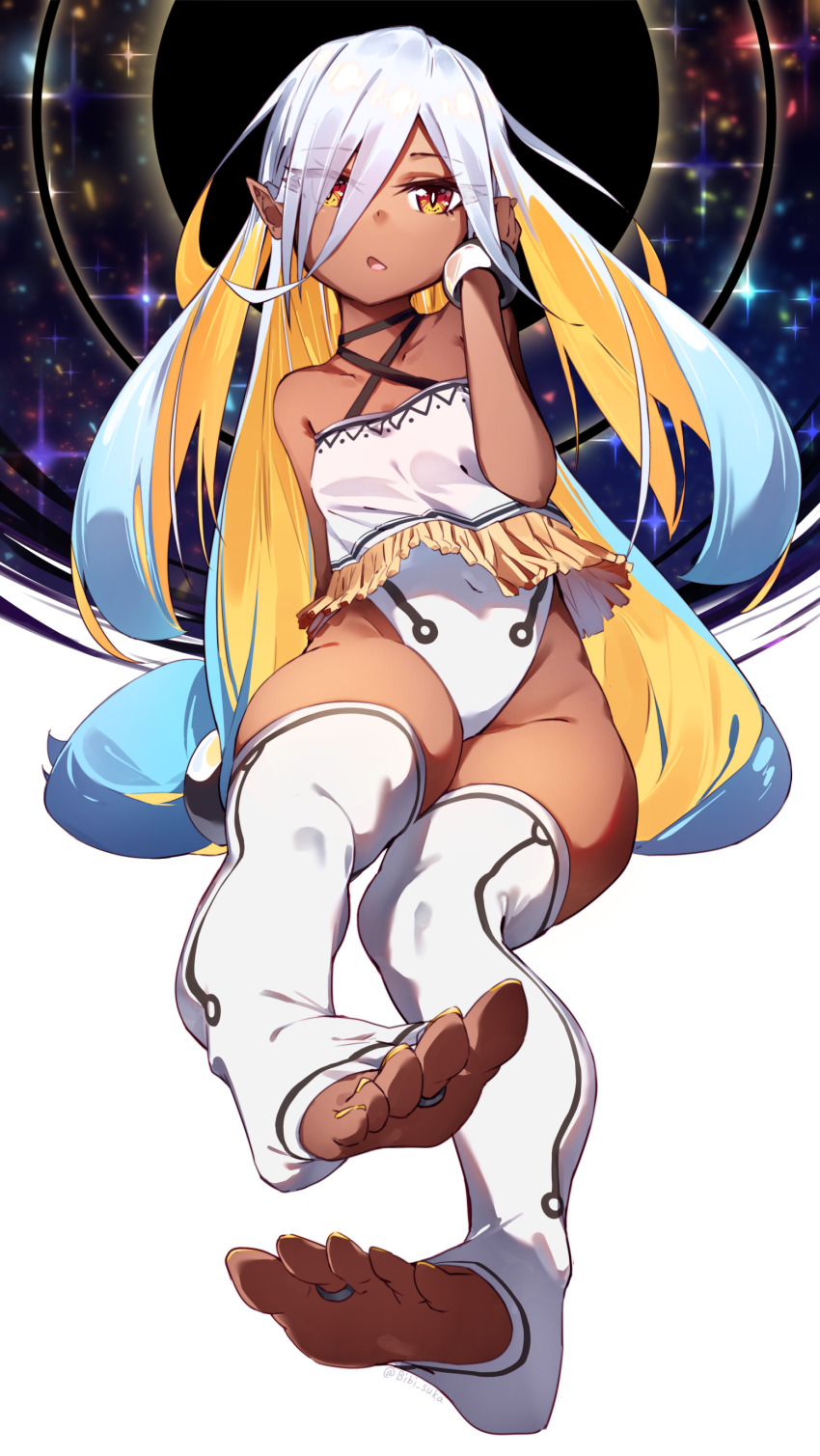 1girl, absurdres, arm_behind_back, bibisuka, bracelet, dark_skin, feet, flat_chest, grey_hair, highres, jewelry, long_hair, multicolored_hair, original, ring, tan