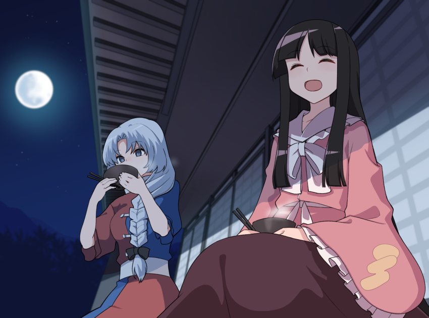 2girls, black_hair, blunt_bangs, bowl, braid, chopsticks, drinking_from_bowl, frilled_sleeves, frills, full_moon, grey_eyes, highres, hime_cut, houraisan_kaguya, long_braid, long_hair, moon, multiple_girls, night, nurse, nurupo_(abooon), outdoors, pink_shirt, red_skirt, shirt, short_sleeves, skirt, sky, touhou, white_hair, wide_sleeves, yagokoro_eirin
