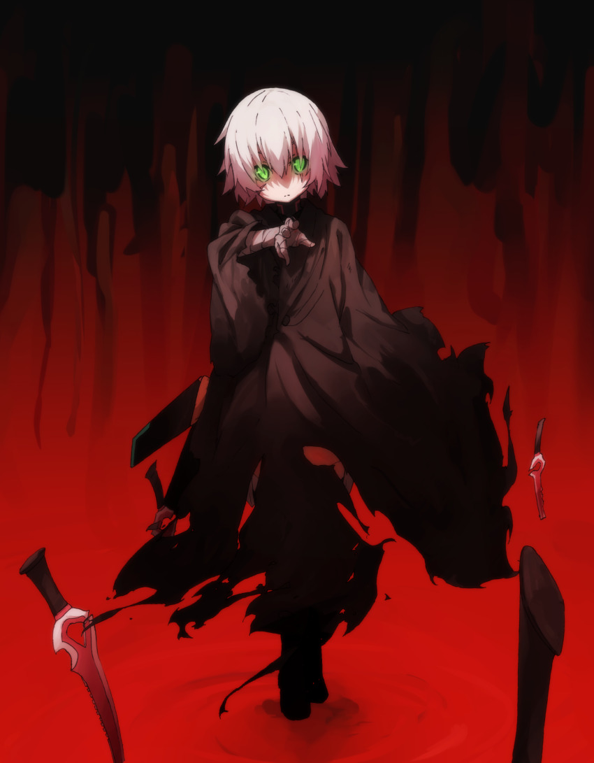 1girl, absurdres, bandaged_arm, bandages, black_cape, blood, bygddd5, cape, closed_mouth, commentary, expressionless, facial_scar, fate/apocrypha, fate_(series), female_focus, full_body, green_eyes, highres, jack_the_ripper_(fate/apocrypha), jack_the_ripper_(first_ascension)_(fate), knife, looking_at_viewer, red_theme, scar, scar_across_eye, scar_on_cheek, scar_on_face, short_hair, silver_hair, solo, standing, torn_cape, torn_clothes, walking, walking_on_liquid