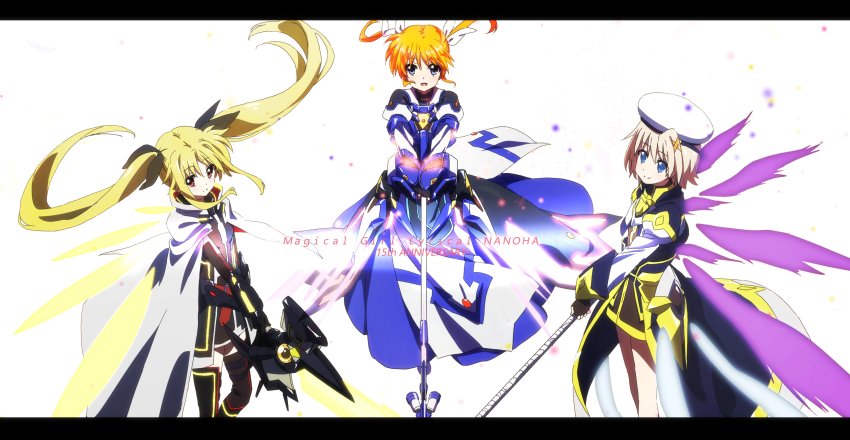 absurdres, anniversary, armor, armored_dress, bardiche_(blitz_saber_form)_(nanoha), bardiche_(nanoha), belt, beret