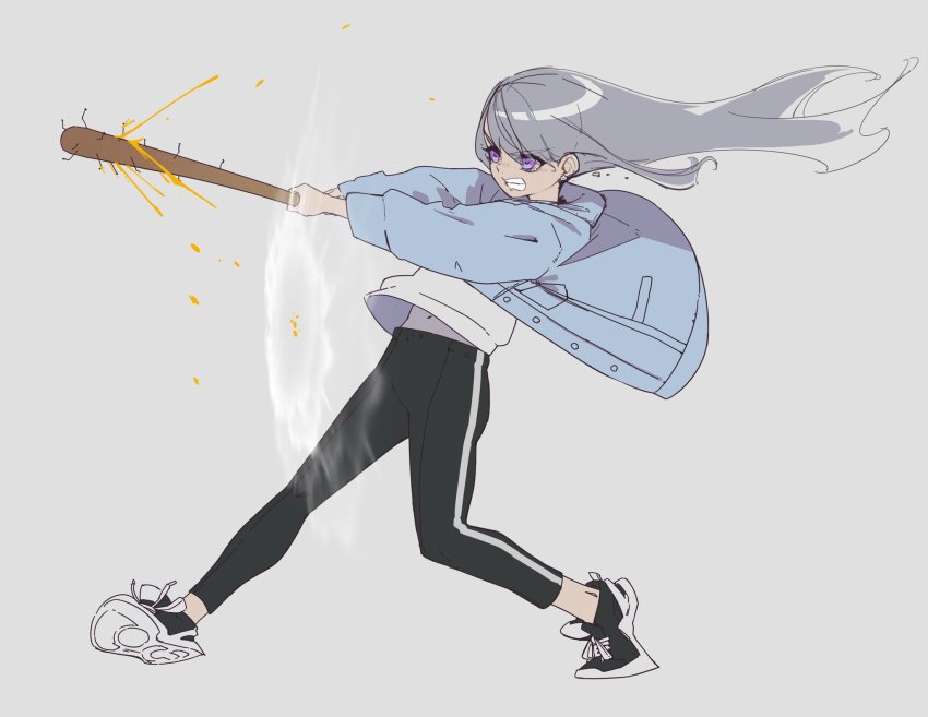 1girl, baseball_bat, black_pants, black_shoes, blue_jacket, clenched_teeth, commentary_request, female_focus