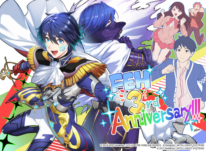 1girl, 4boys, akagi_toma, anniversary, aoi_itsuki, blue_eyes, blue_hair, cape