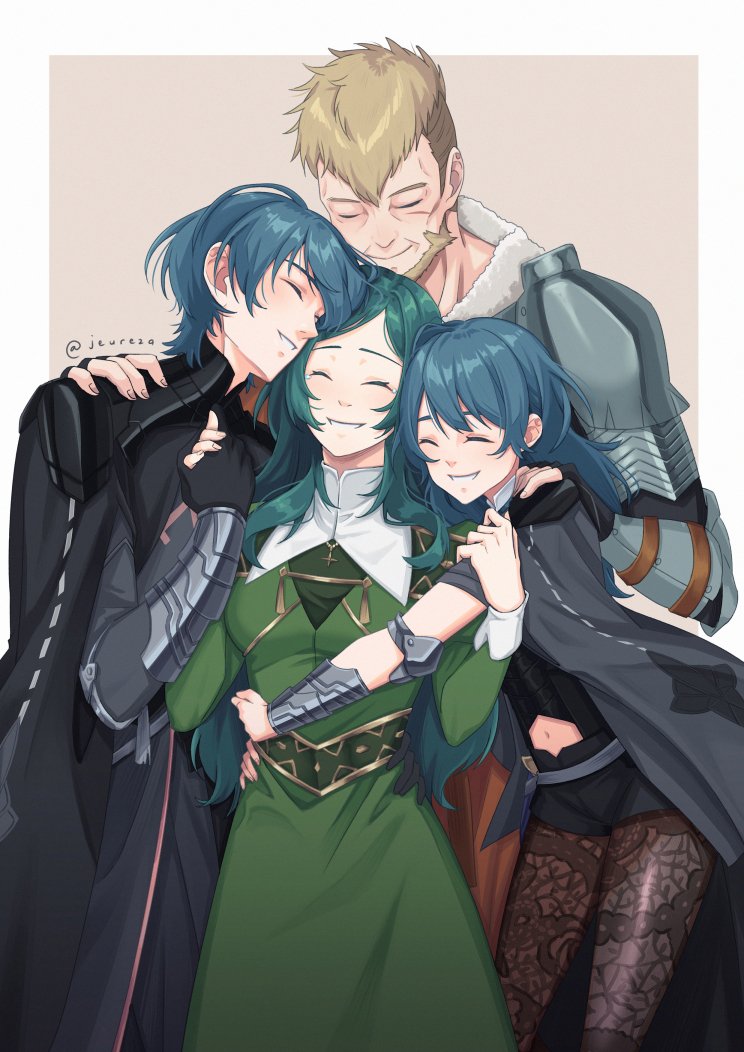 2boys, 2girls, aequorine, armor, beard, black_gloves, black_shorts, blue_hair, brown_hair, cape, closed_eyes, closed_mouth, clothing_cutout, dress, facial_hair, family, father_and_child, father_and_daughter, father_and_son, female_byleth_(fire_emblem), fire_emblem, fire_emblem:_three_houses, gloves, holding_hands, hug, jeralt_reus_eisner, long_hair, long_sleeves, male_byleth_(fire_emblem), mother_and_child, mother_and_daughter, mother_and_son, multiple_boys, multiple_girls, navel, navel_cutout, nintendo, pantyhose, parent_and_child, pauldrons, short_hair, short_shorts, shorts, shoulder_armor, simple_background, sitri_eisner, smile, twitter_username