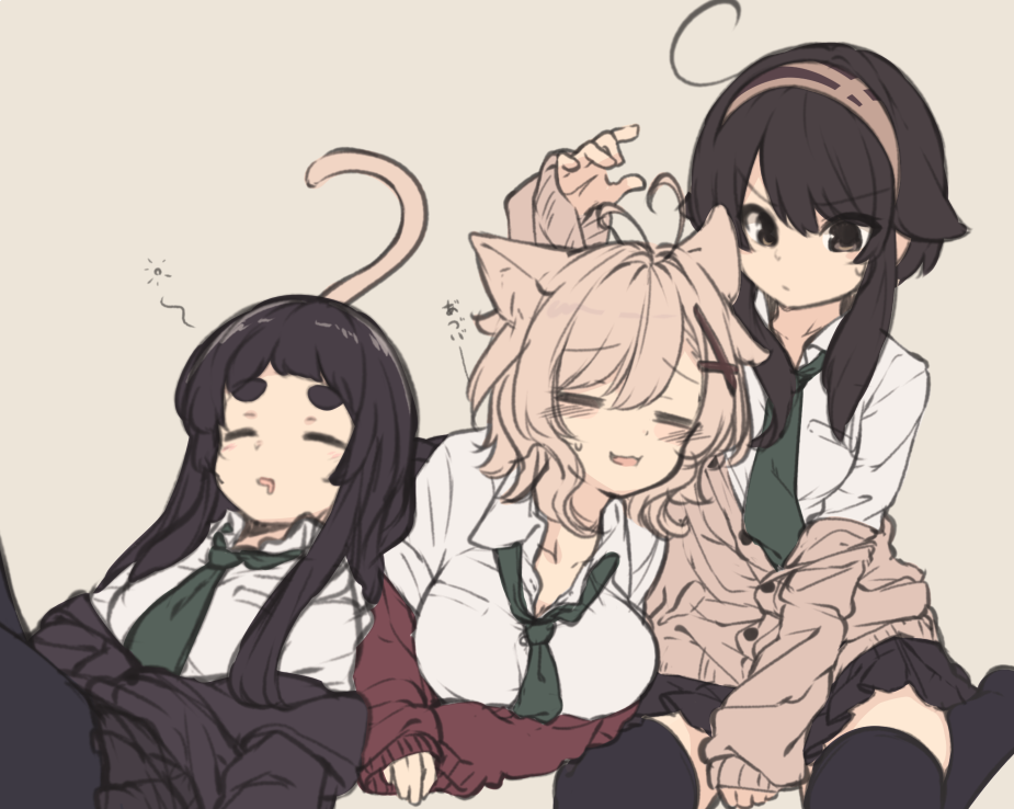 3girls, ahoge, animal_ears, antenna_hair, between_legs, black_cardigan, black_legwear, blush